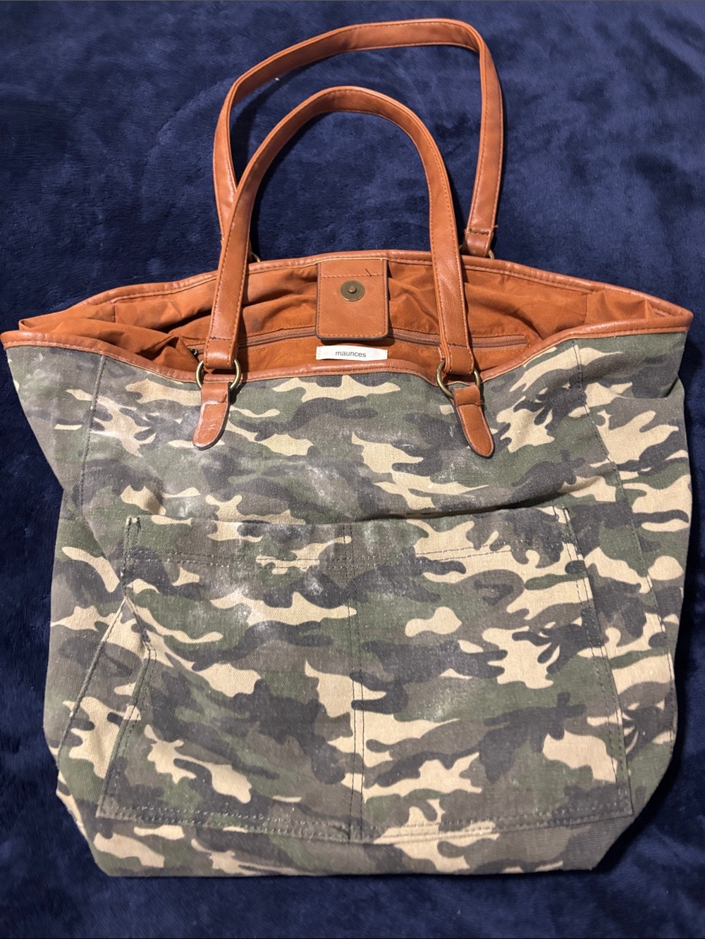 Maurices Green and Brown Camo Canvas Tote with Leather Trim